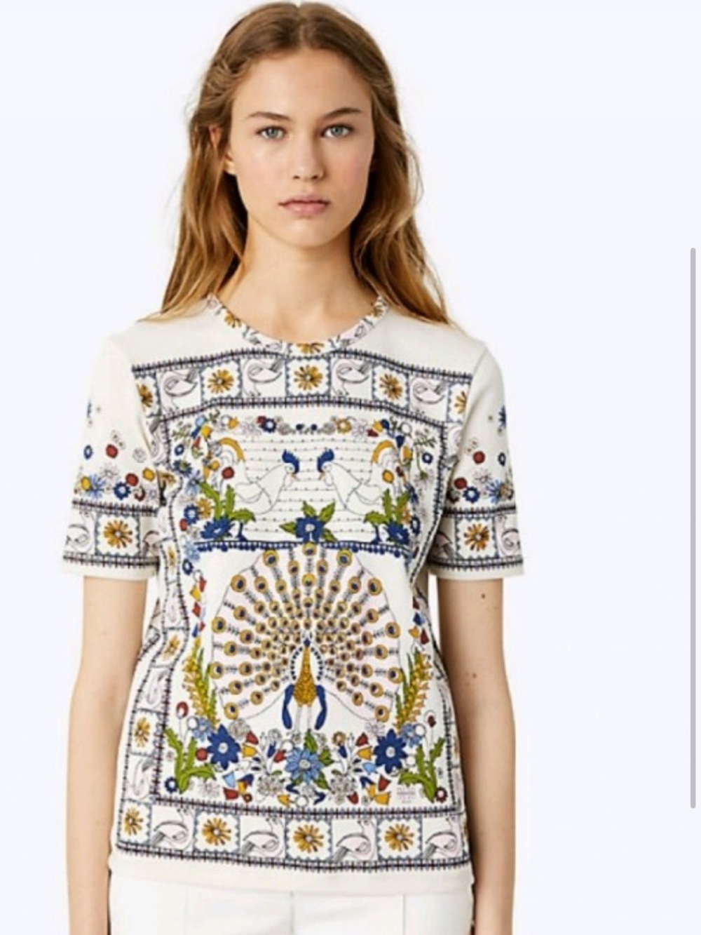 Tory Burch White Short Sleeve Tee with Multicolor Peacock Embroidery